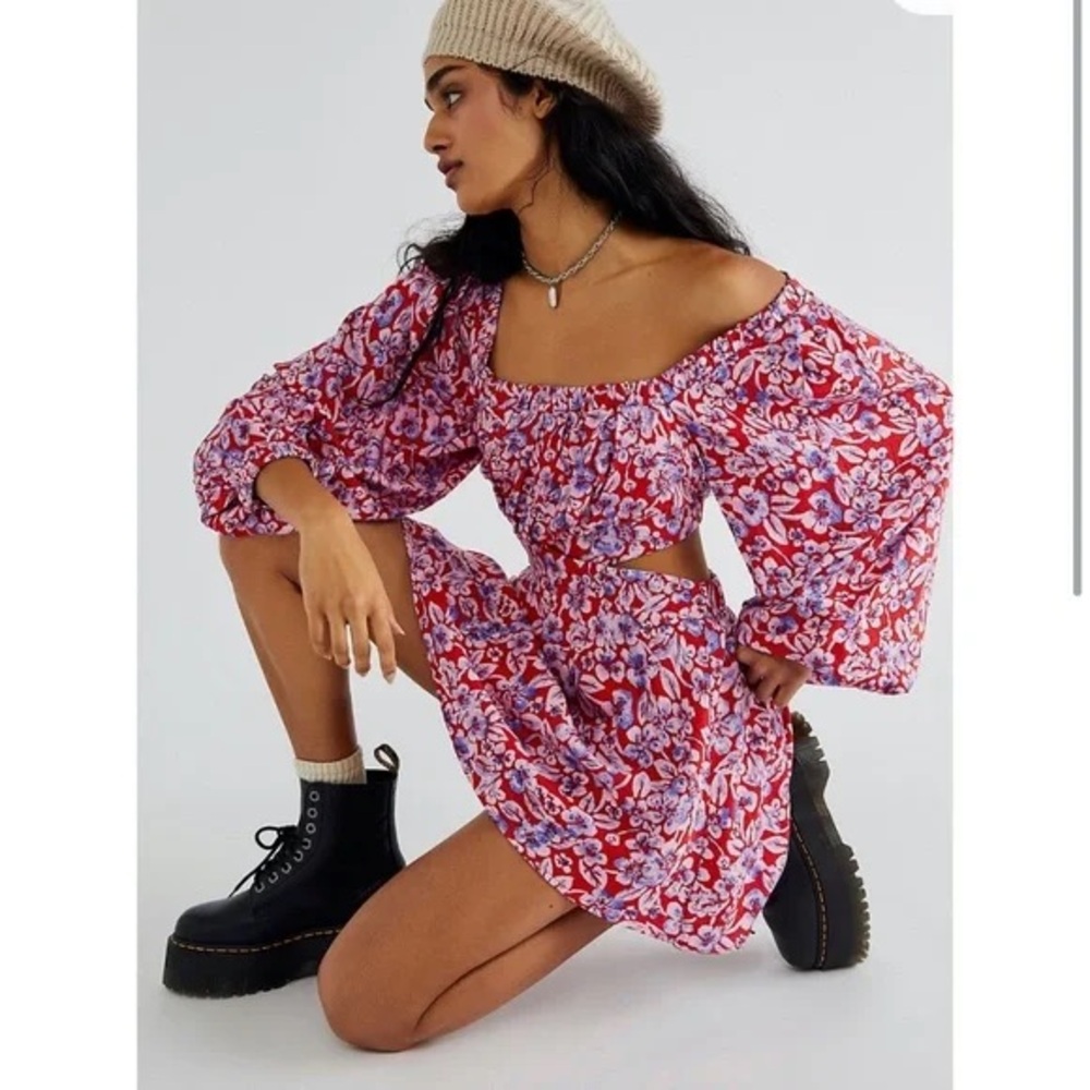 Free People Red Puff Sleeve Off-Shoulder Mini Dress